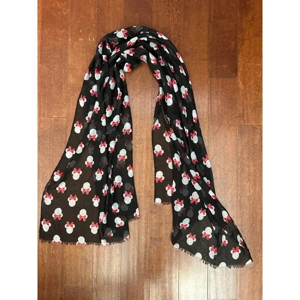 Disney Black Scarf, White Minnie Mouse Silhouette with Red Bow Print, Rectangle